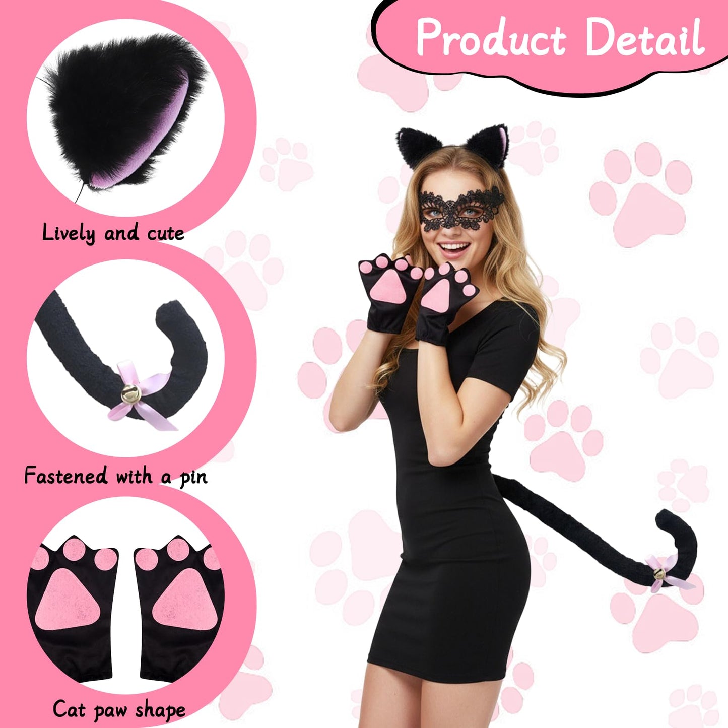 Cat Costume Accessory Set - Faux Cat Ears Headband Fluffy Tail Cat (image 3)