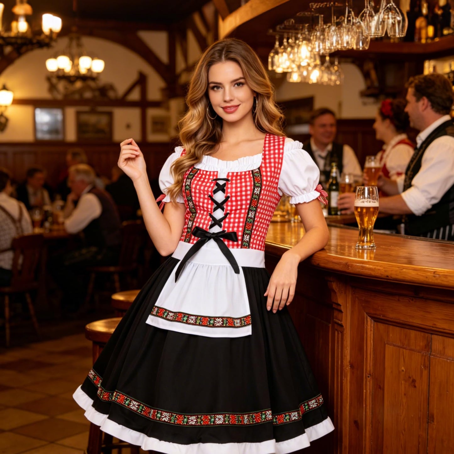 HAPNBCELE Oktoberfest Costume for Womens, German Dirndl Plaid Dress Traditional Beer Festival Bavarian Carnival Halloween (Red Plaid, Large)