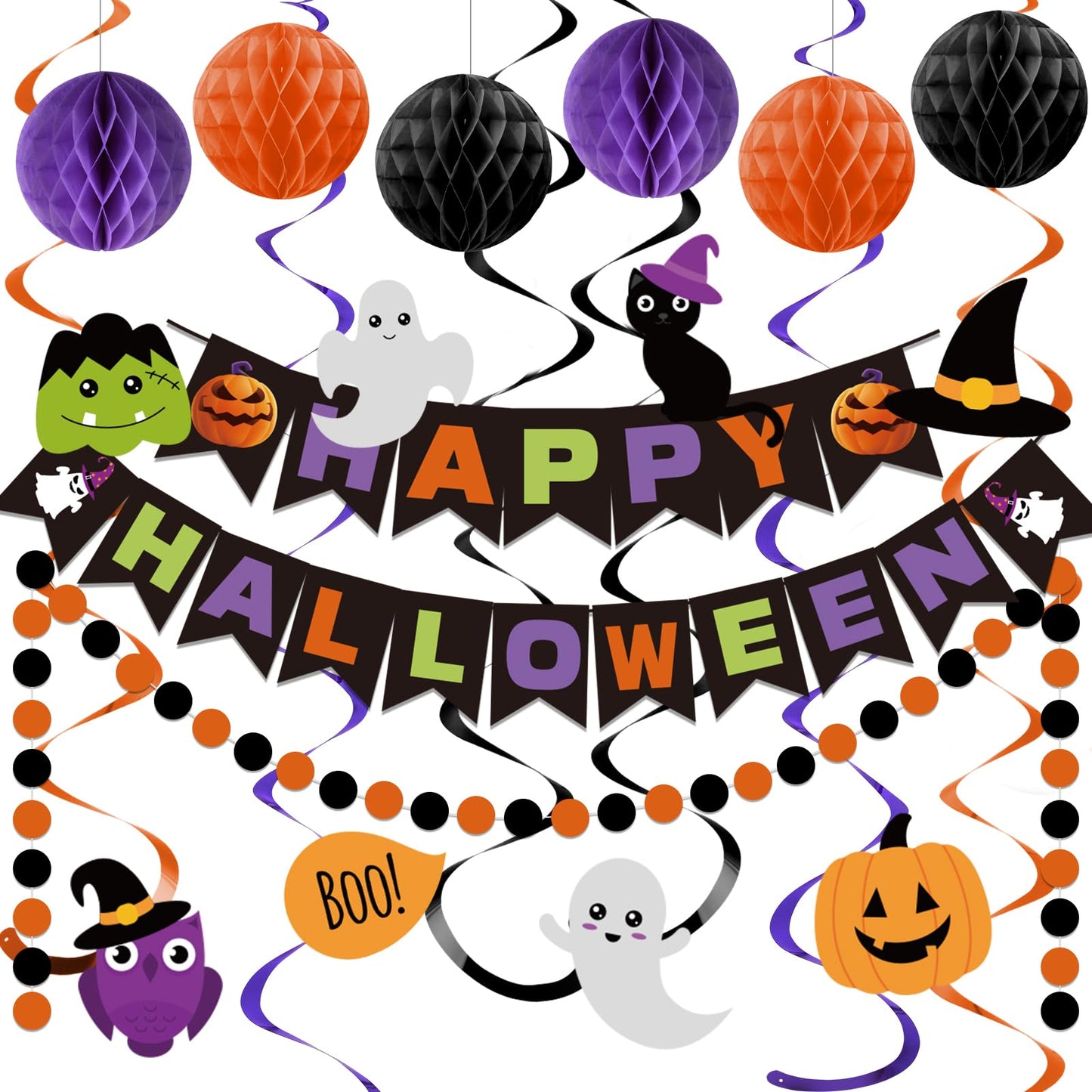 Happy Halloween Banner Decorations - Honeycomb Ball & Swirl Streamer Circle Dot Garland