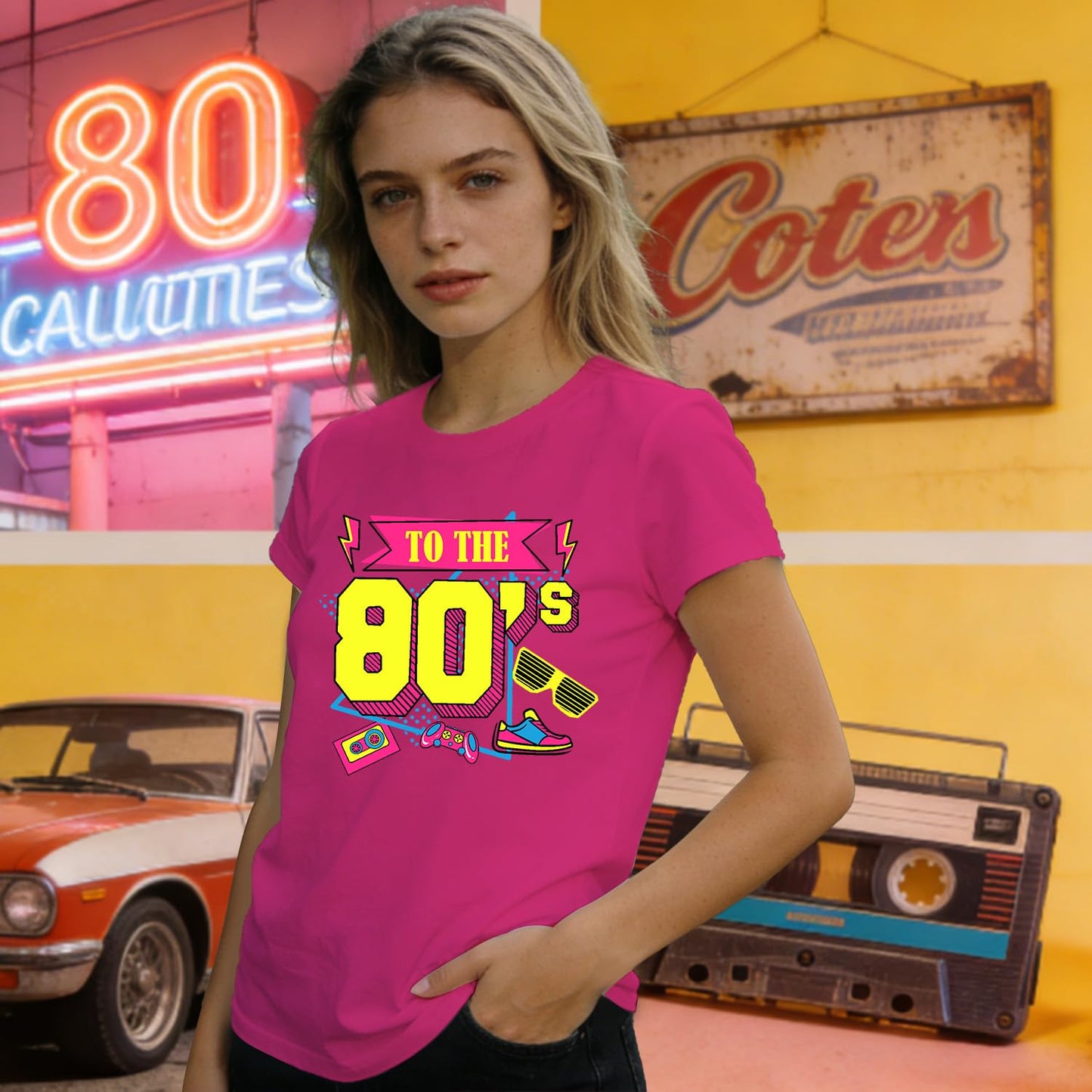 Cutesong Vintage 80s Shirts for Women Retro 1980 Party Outfits Vibrant Retro to The 80s Print tee top Rosered