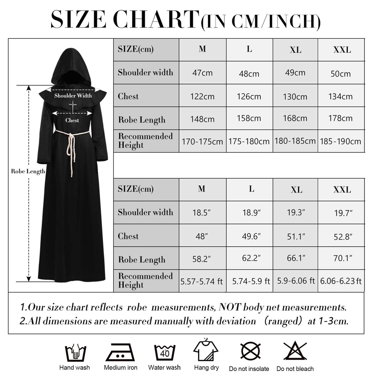 MEIRRAI Monk Robe Priest Robe Halloween Costume with Hood and Cross Ornament, Hood Women Men for Theme Party Fancy Dress (Black, XL)