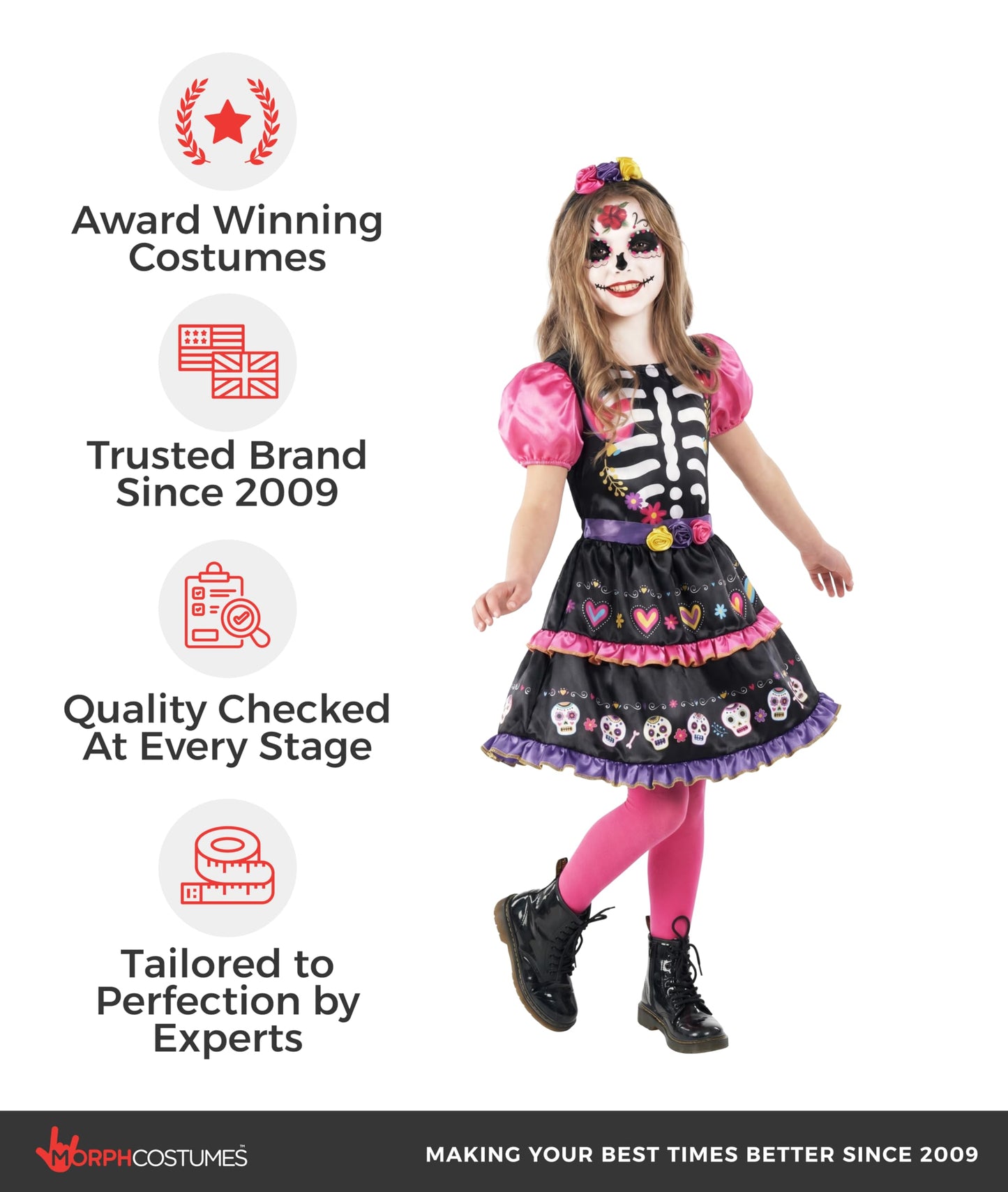 Morph Day Of The Dead Costume For Girls - Sugar Skull Dress Up Outfit For Kids - Halloween Costume Accessory, 7-9 Years