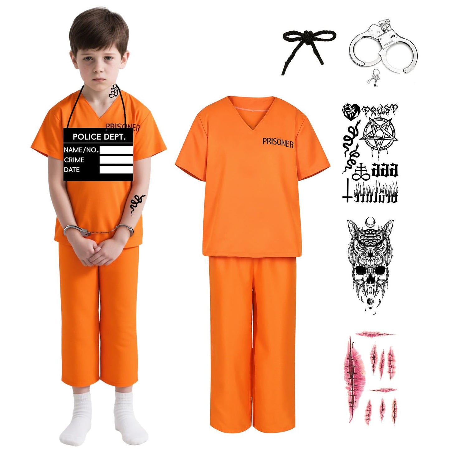 JoyFuncos Kids Orange Prisoner Costume Prison Convict Outfit Halloween Jail Criminal Jumpsuit Pant Set for Boys Girls Cosplay Party (M)
