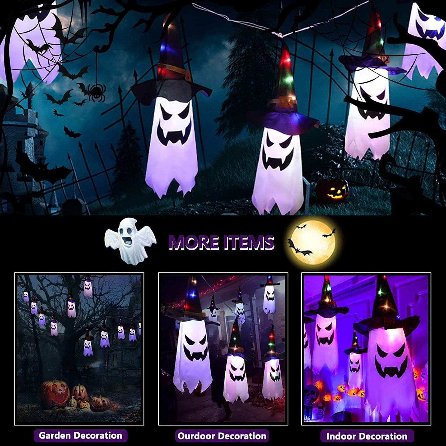 SHAVINGFUN Halloween Decorations Outdoor,5 Pcs Extra Long Glowing Ghost Witch Hat Halloween Indoor Decorations,3 M Waterproof Glowing Witch Hat for Garden, Yard, Tree