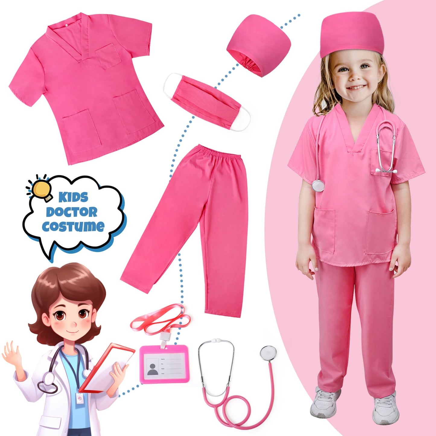 JoyPlus 8 Pcs Kids Doctor Costume Set,Nurse Suit Kit Uniform with Stethoscope, Doctor Costume for Kids,Doctors Outfit Set with Accessories,Nurse Dress Up Halloween Cosplay for Girls 3-10 Years Old (S)
