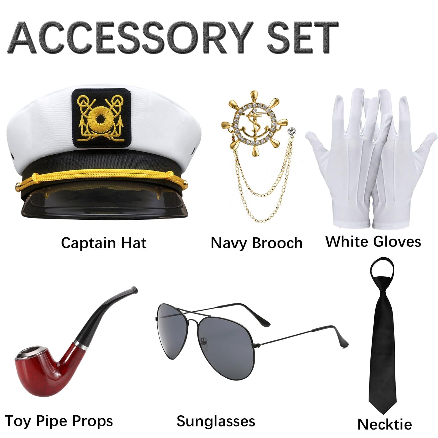 shengo 6PCS Captain Costume Sets Halloween Costumes Captain Shirt Captain Sailor Costume with Navy hat Pipe Sunglasses Tie Gold Anchor Pin Gloves Men Fancy Dress Costumes (M)