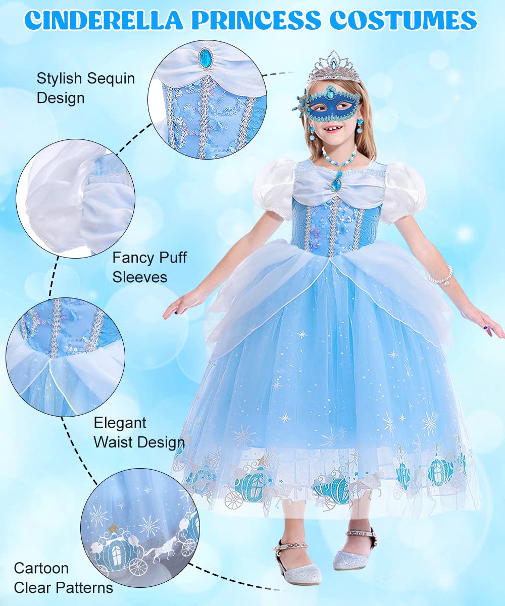 Princess Costumes for Girls, Cinderella Dress Up for Girls with Crown Fairy Wand Necklace Sets, Cinderella Princess Dress Long Skirt, Kids Fancy Dress for Carnival Party Bridesmaid Cosplay (A, 120)