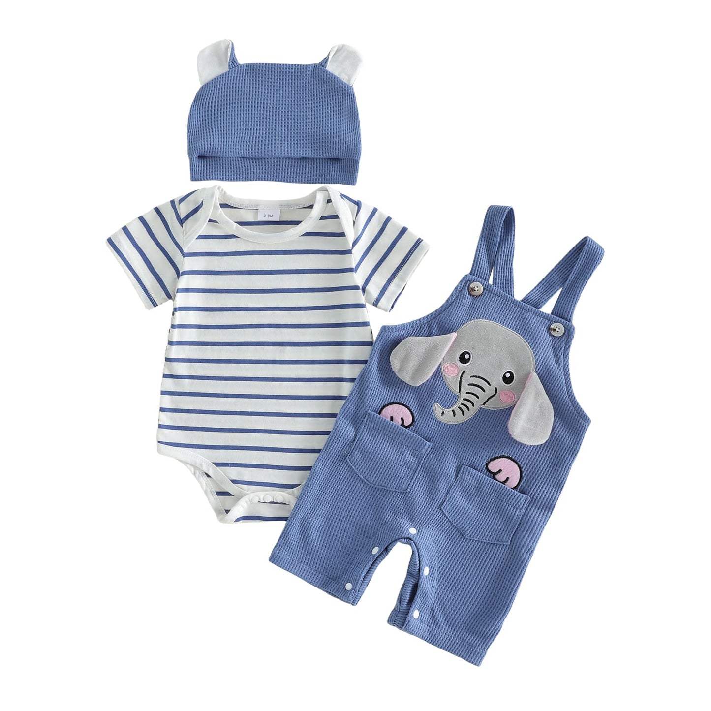 Vioyavo Newborn Baby Boy 3Pcs Summer Outfit Striped Short Sleeve Romper Top Elephant/Dinosaur Pattern Overall Pants Hat Clothes Set (Blue, 0-3 Months)