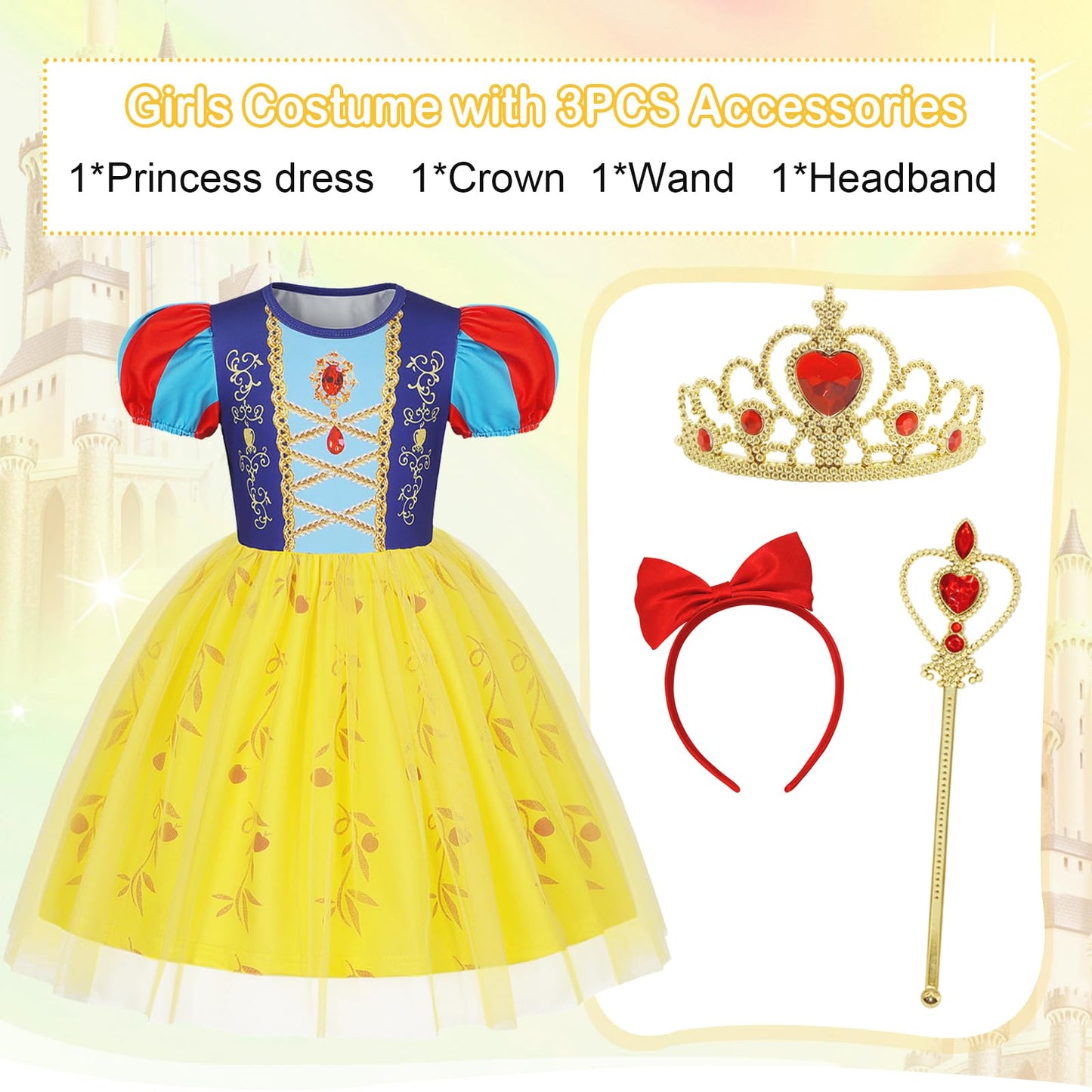 Berich Yellow Princess Costume with Headband Princess Dress up Halloween Christmas Gifts World Book Day Costume Kids Dress up 4-5 Years(Yellow,120)