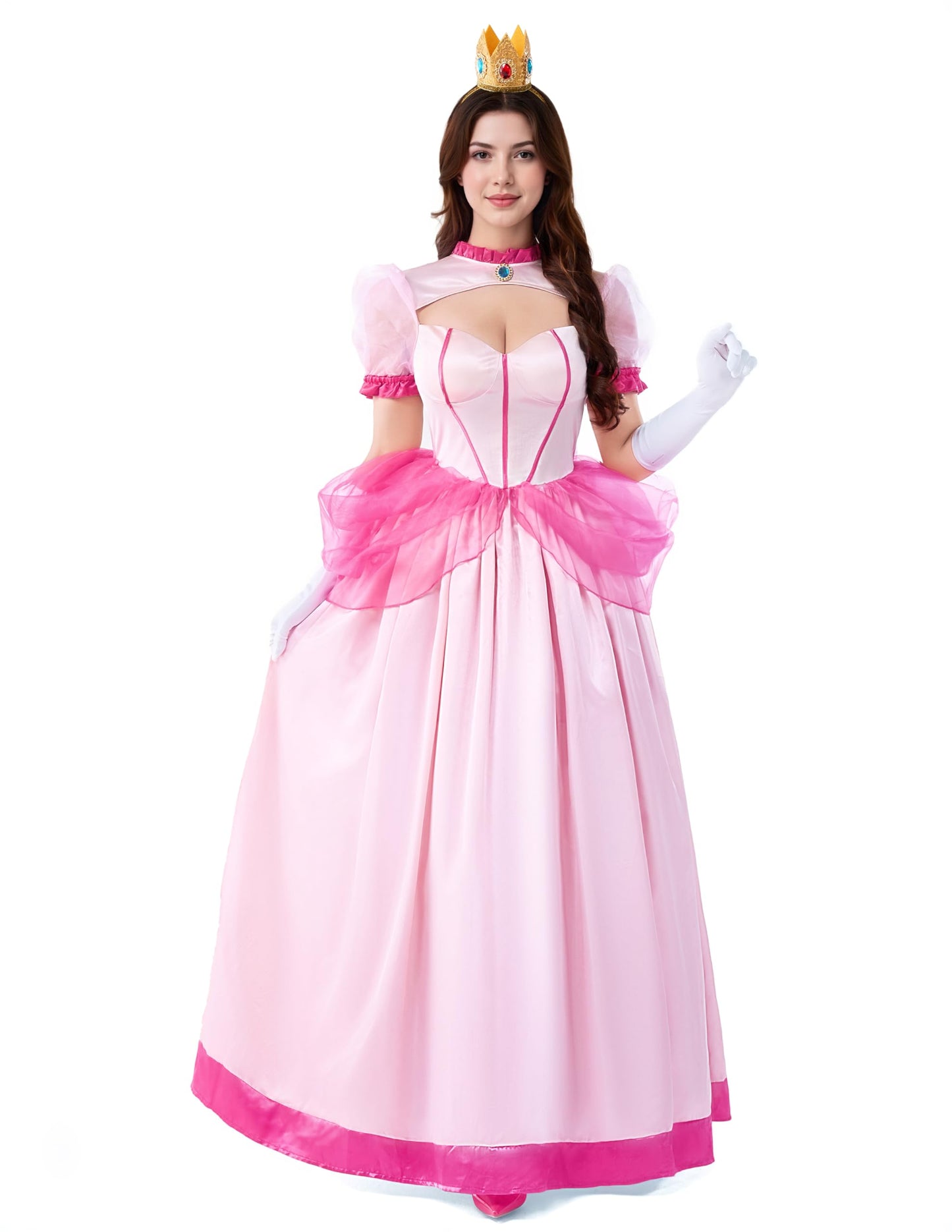 Women Peach Pink Dress Costume with Gloves and Crown - Princess