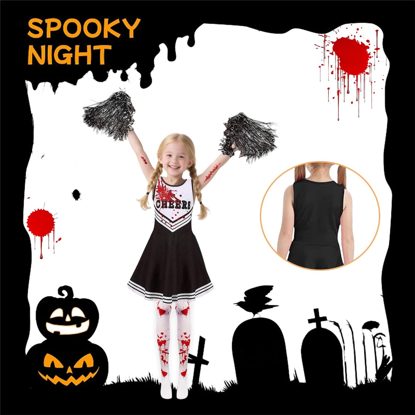 Pddenality 9 PCS 130 Yards Zombie Cheerleader Costume Kids Set, Cheerleader Outfit Kids, Girls Halloween Costume, Zombie School Girl Costumes Suitable for Attending Halloween or Parties