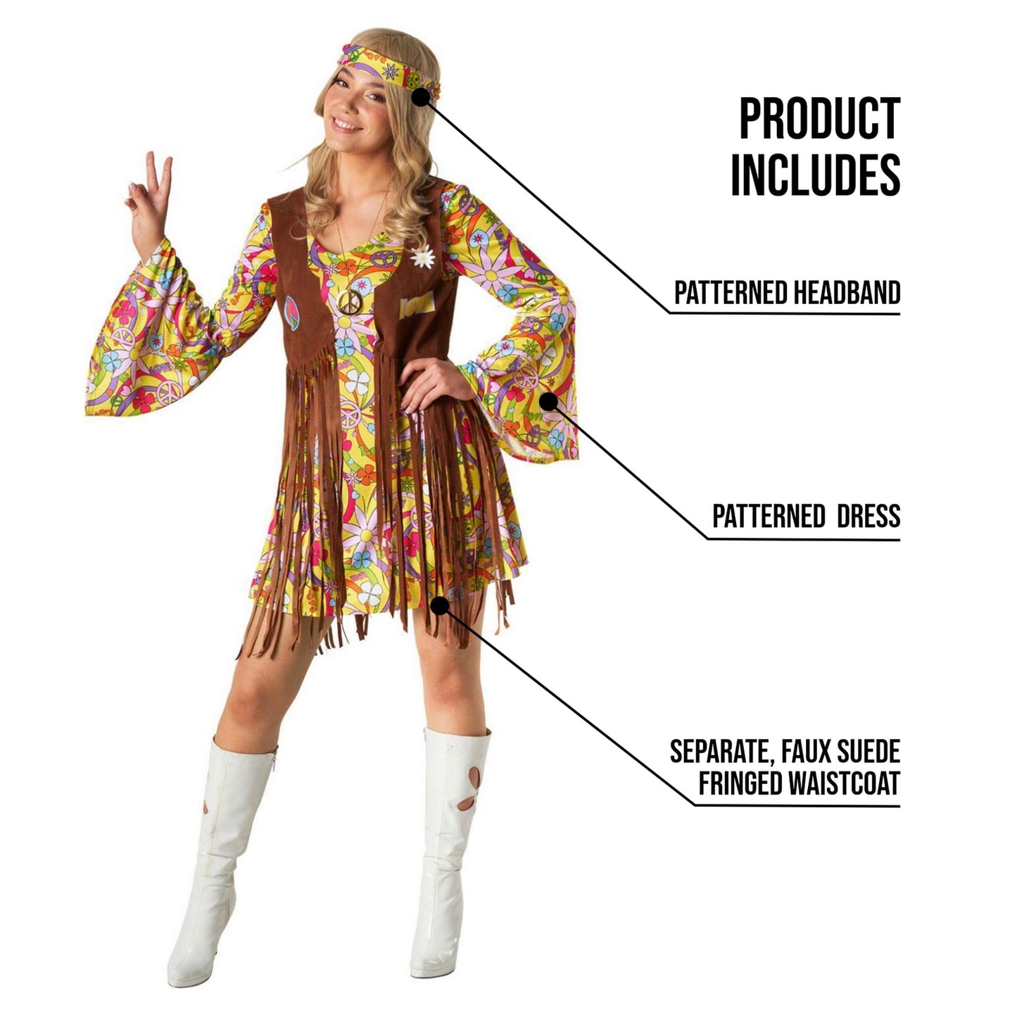 Morph Women's 70s Hippie Costume Yellow Dress With Separate Faux-Suede Vest And Headtie, Adult, Female, Plus Size, Halloween, Carnival