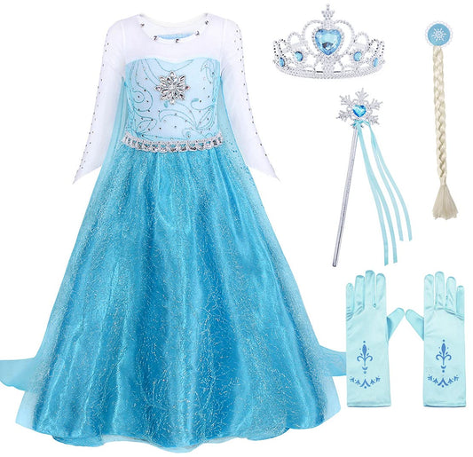 AmzBarley Snow Queen Dress for Girls Kids Princess Costumes Long Sleeve Tulle Fancy Party Dresses with Cape Child Birthday Halloween Cosplay Outfit, 3-4 Years, Blue With Accessories