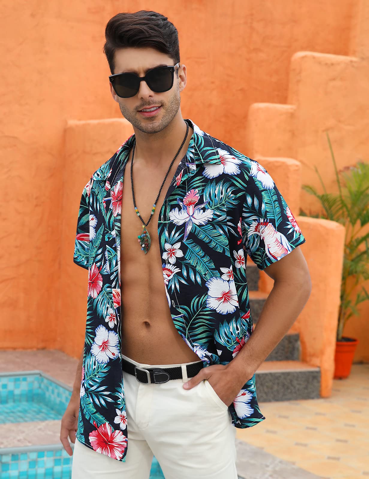 Hawaiian Shirt Men Floral Aloha Beach Shirt Casual Short Sleeve
