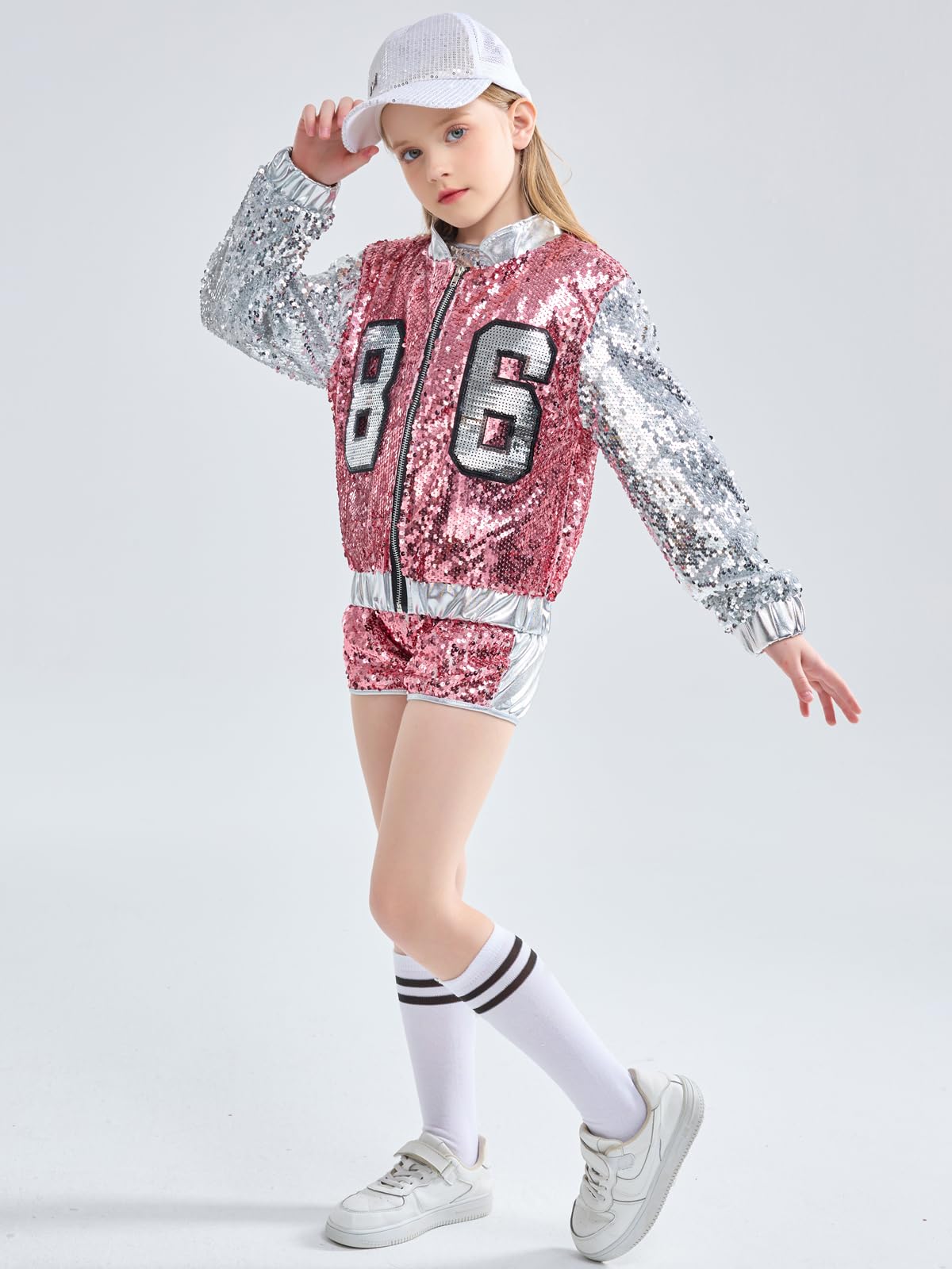 4-Piece Girls Hip Hop Sequins Costume - Sparkly Graphic Jacket (image 4)