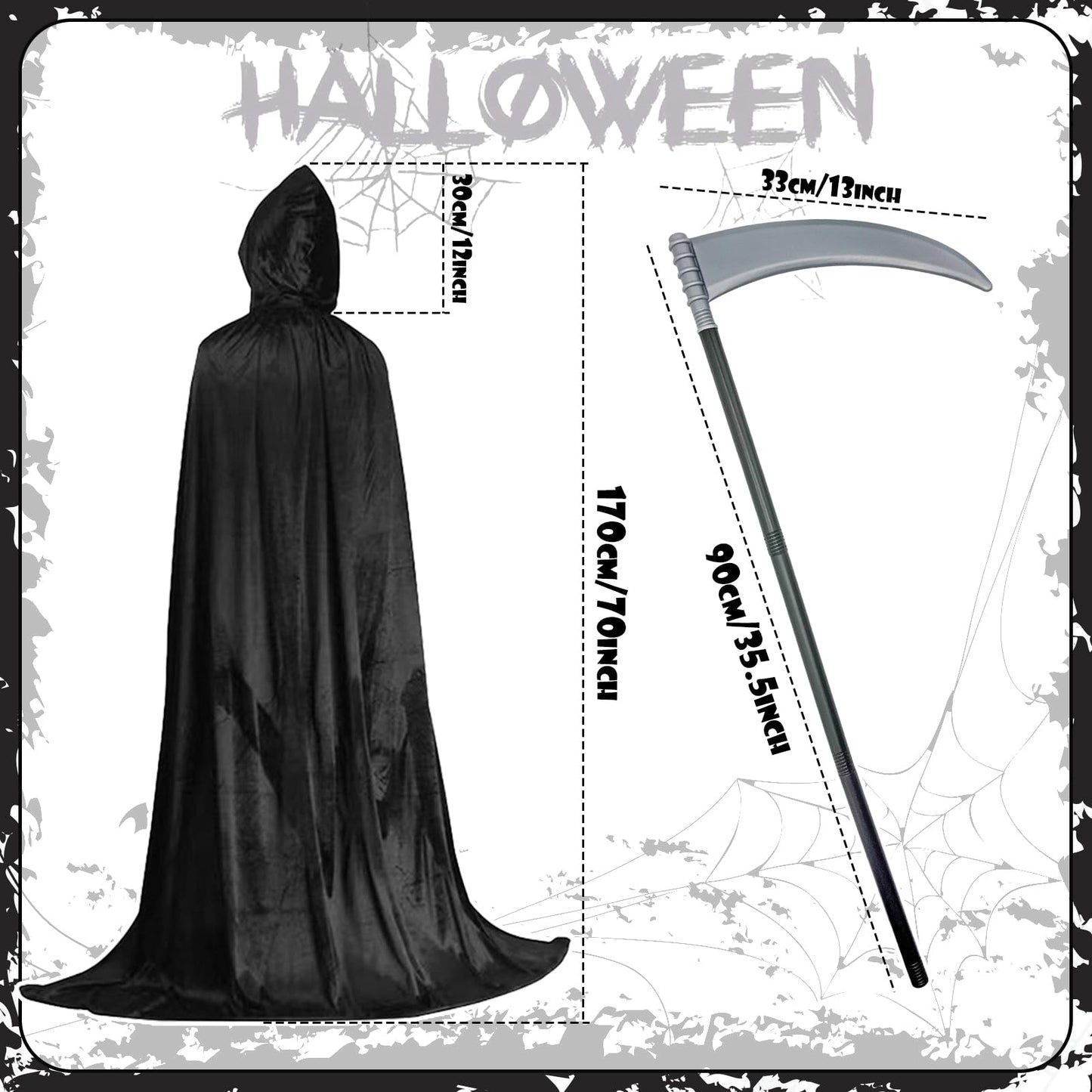 Gatwrmth 6-Piece Grim Reaper Costume Halloween Fancy Dress – Hooded Velvet Cloak with Skull Mask, Skeleton Gloves, Scythe Prop, Skull Necklace & Temporary Tattoos – One Size Fits Most Teens & Adults