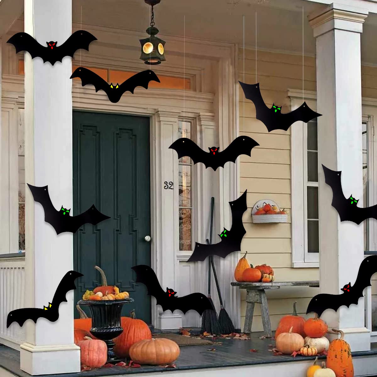 DTYDECLE 12PCS Halloween Hanging Bats, Halloween Flying Bat Hanging Decorations with Glowing Eyes for halloween Decor Outdoor Yard Party Decoration Supplies