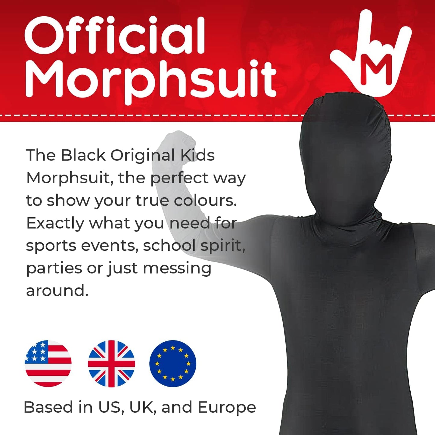 Morphsuit Kids Full Body Costume - Black, M | Original Bodysuit for Children | Super Stretch Suit Great for DIY Party Outfit | Halloween, Cosplay, Fancy Dress | For Boys & Girls