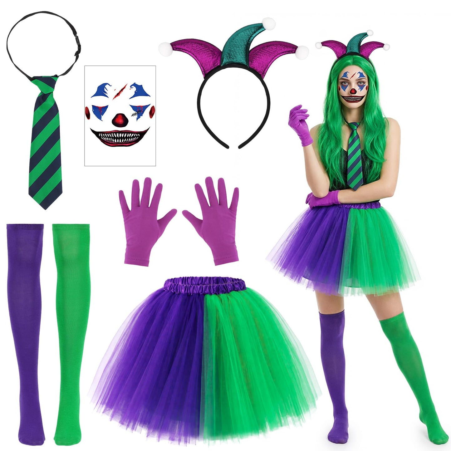6 PCS Halloween Clown Costume Women, Joker Outfit - Clown Headband Face Tattoos Tie Gloves Knee High Socks Tutu Skirt, Harlequin Jester Joker Costume Women Accessories for Halloween Carnival Cosplay
