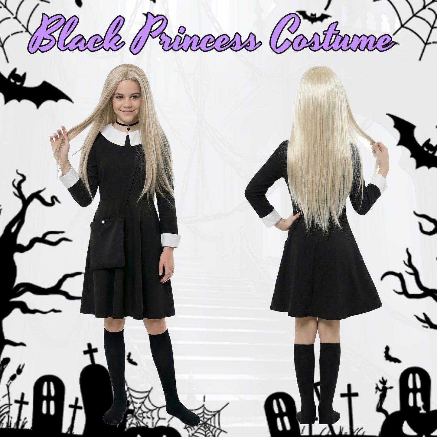 YAEGIMHT 5PCS Black Gothic Princess Costume Set for Girls, Kids Fancy Dress Outfit with Skirt, Wig, Socks, Necklace & Bag for Halloween Party Cosplay (140)