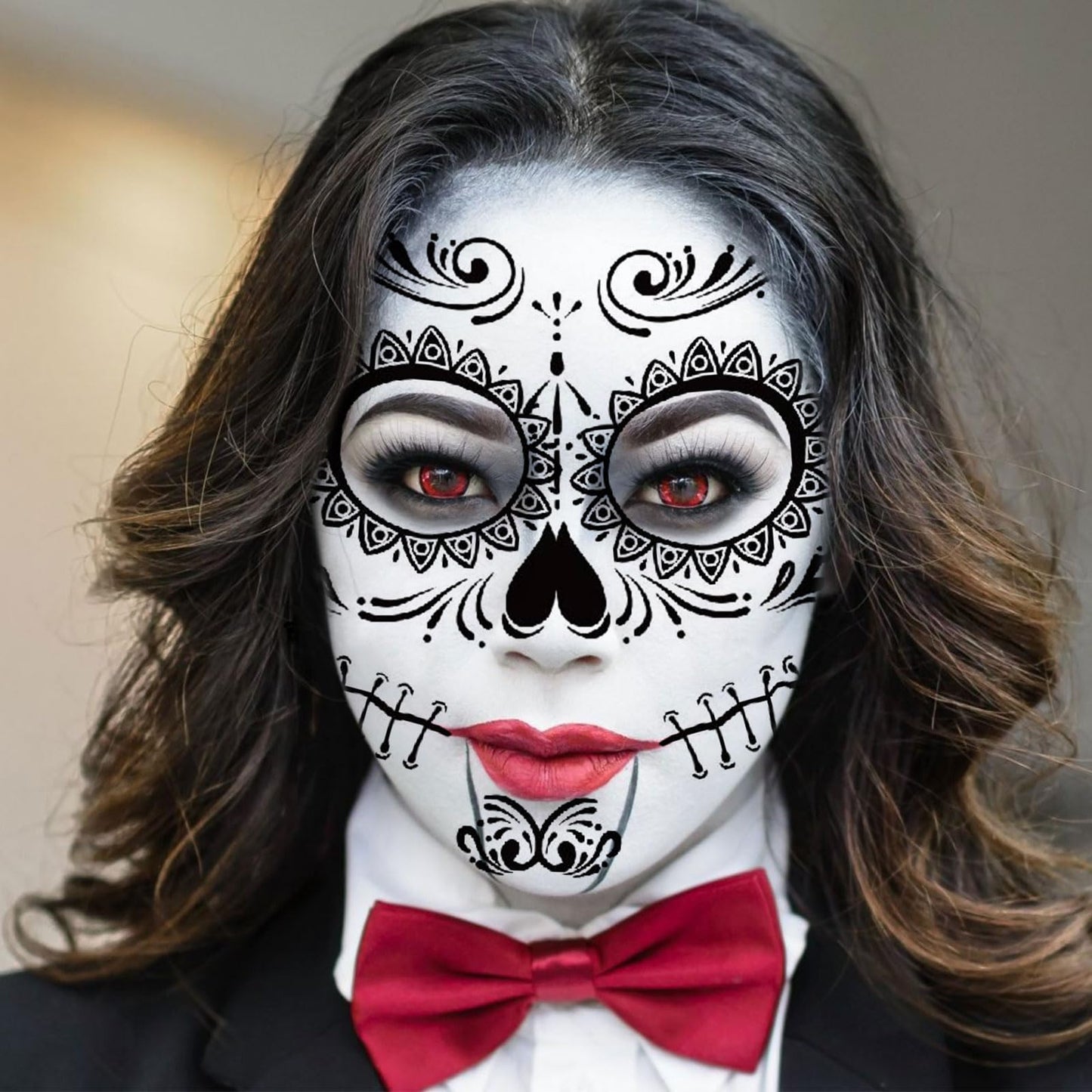 iwiio Day of the Dead Face Tattoos, 9pcs Temporary Stickers - Skeleton, Web, Red Rose Designs for Adults & Kids Halloween Masquerade Party