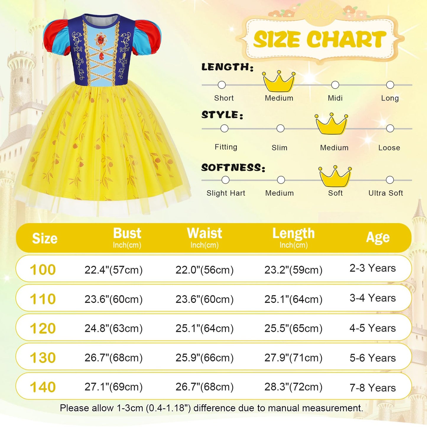 Berich Yellow Princess Costume with Headband Princess Dress up Halloween Christmas Gifts World Book Day Costume Kids Dress up 4-5 Years(Yellow,120)