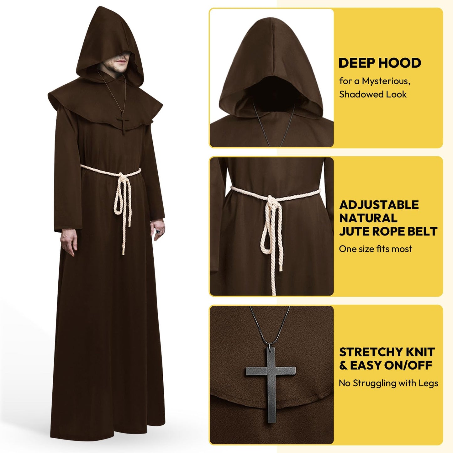 KONVINIT Monk Costume Medieval Costume for Men Adult Monk Outfit Brown Renaissance Priest Robe Halloween Costumes,brown M