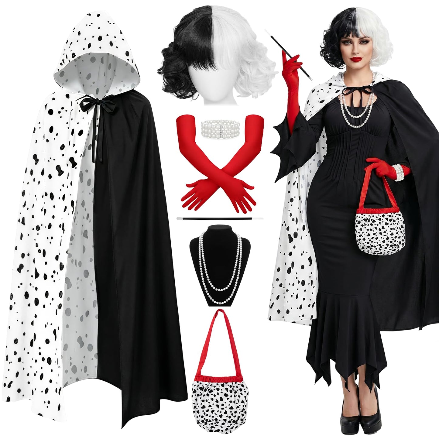 Cruella Costume Accessories Set for Women - Villain Fancy Dress Kit