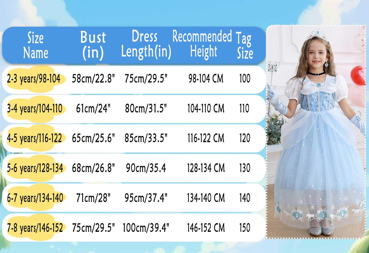 Snyemio Princess Dress for Girls Blue Costume Kids Fancy Dressing Up Tulle for Birthday Party Cosplay Outfits, 2-3 Years(Label 100)