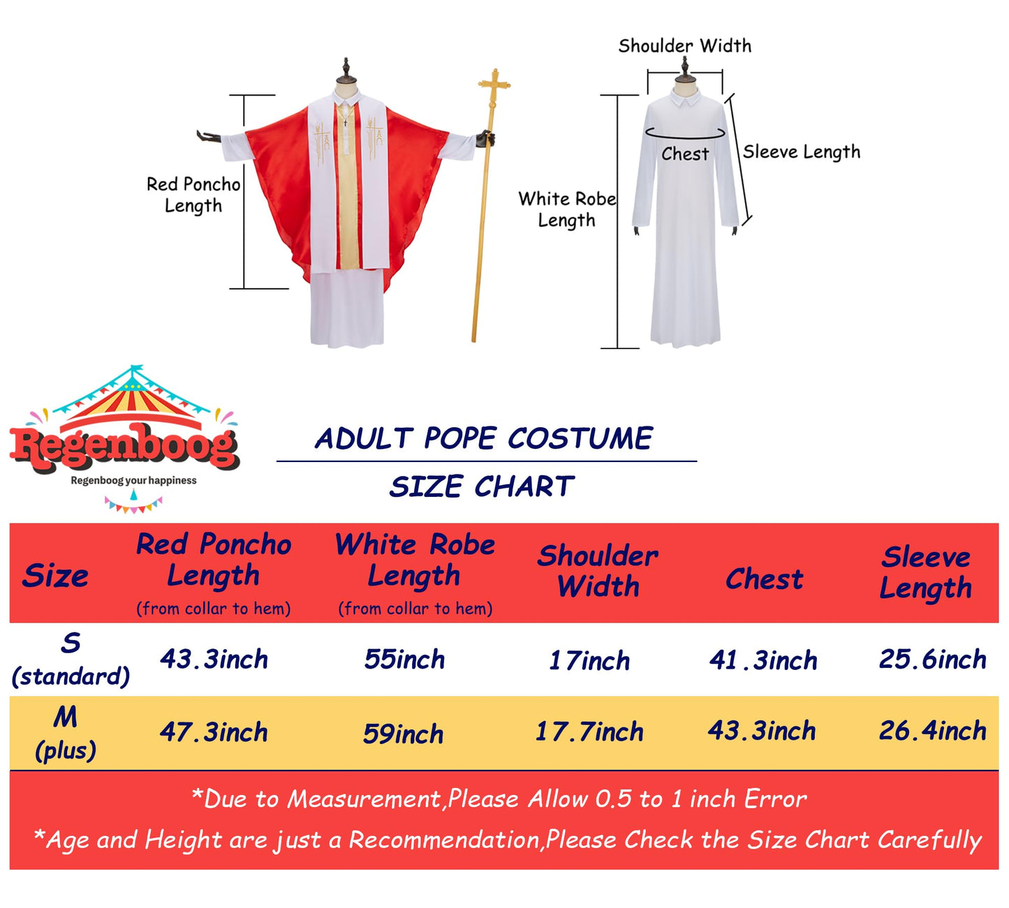Regenboog Pope Costume Men,Adult Pontiff Biblical Catholic Cardinal Bishop Outfit,Pastor Robe,Saint Cross Staff,Clergy Robe,Halloween Costume,Size M(Plus)