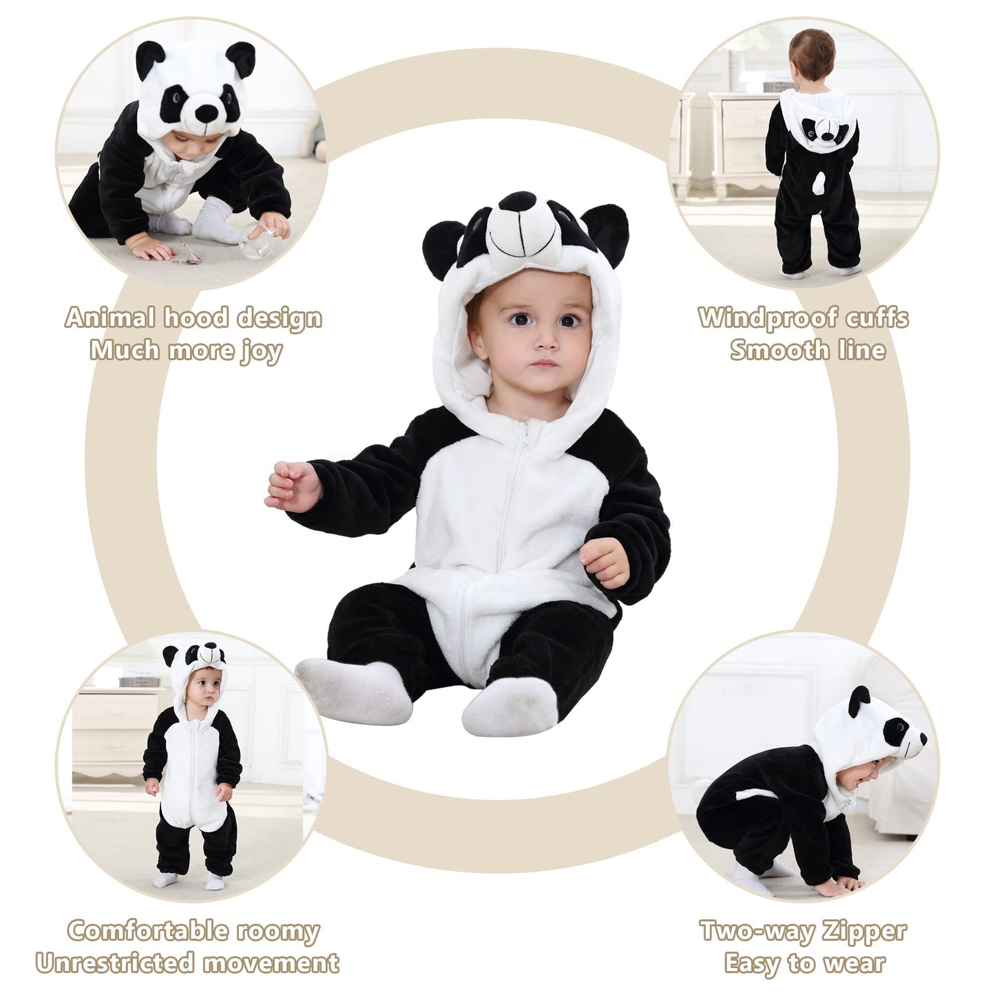 COOKY.D Infant Hooded Baby Rompers Animal Jumpsuit Soft Flannel Winter Cosplay Costume for Baby Girls Boys, 6-12 Months, Panda