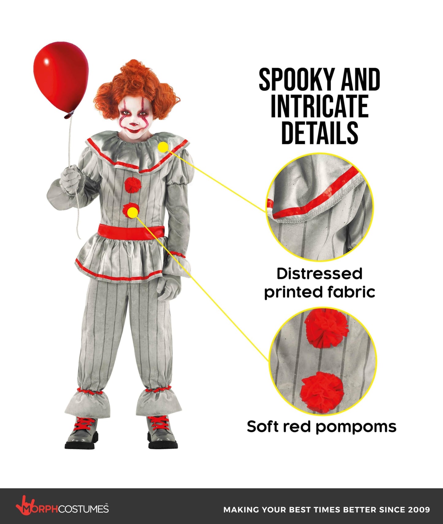 Morph Scary Clown Costume For Kids, Killer Clown Costume Boys, Boys Halloween Costumes For Kids 12-14 Years, X-Large