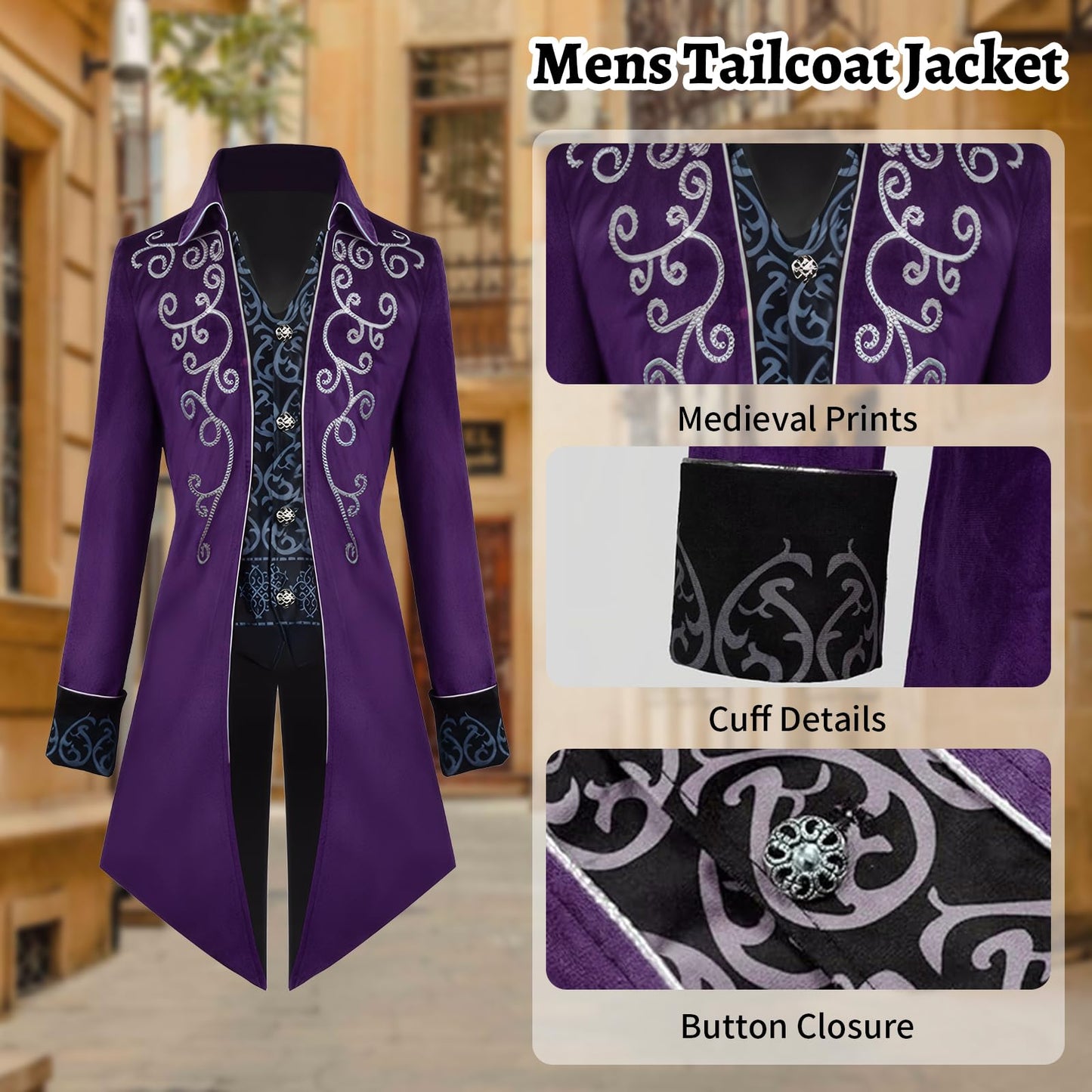 Men's Steampunk Vintage Tailcoat Jacket Gothic Tailcoat Coat Carnival Costumes,Medieval Clothing Men,Halloween Costume Men (Purple, XXL)