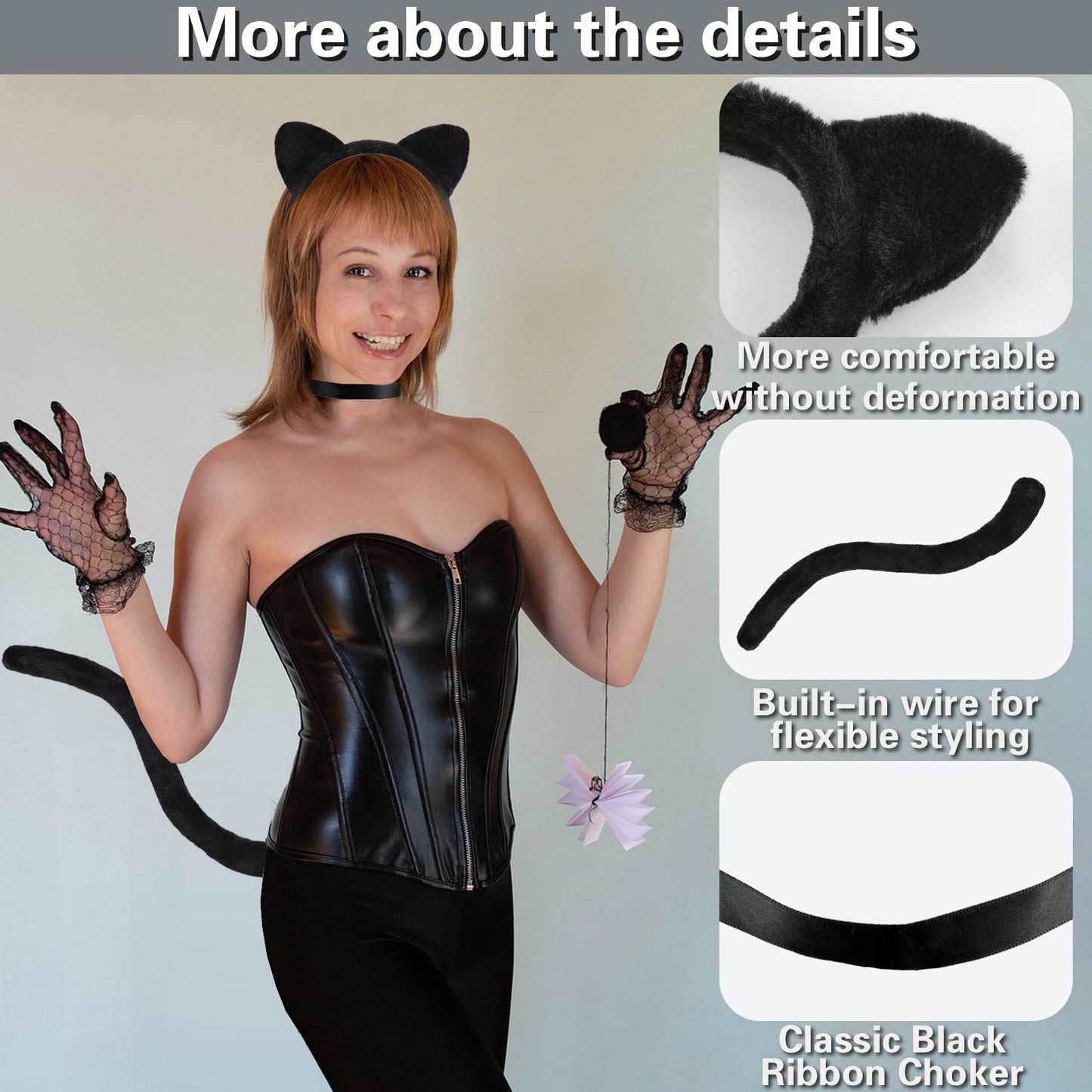 Cat Ears and Tail Set with Bells - Black Cat Costume with Cat Ears