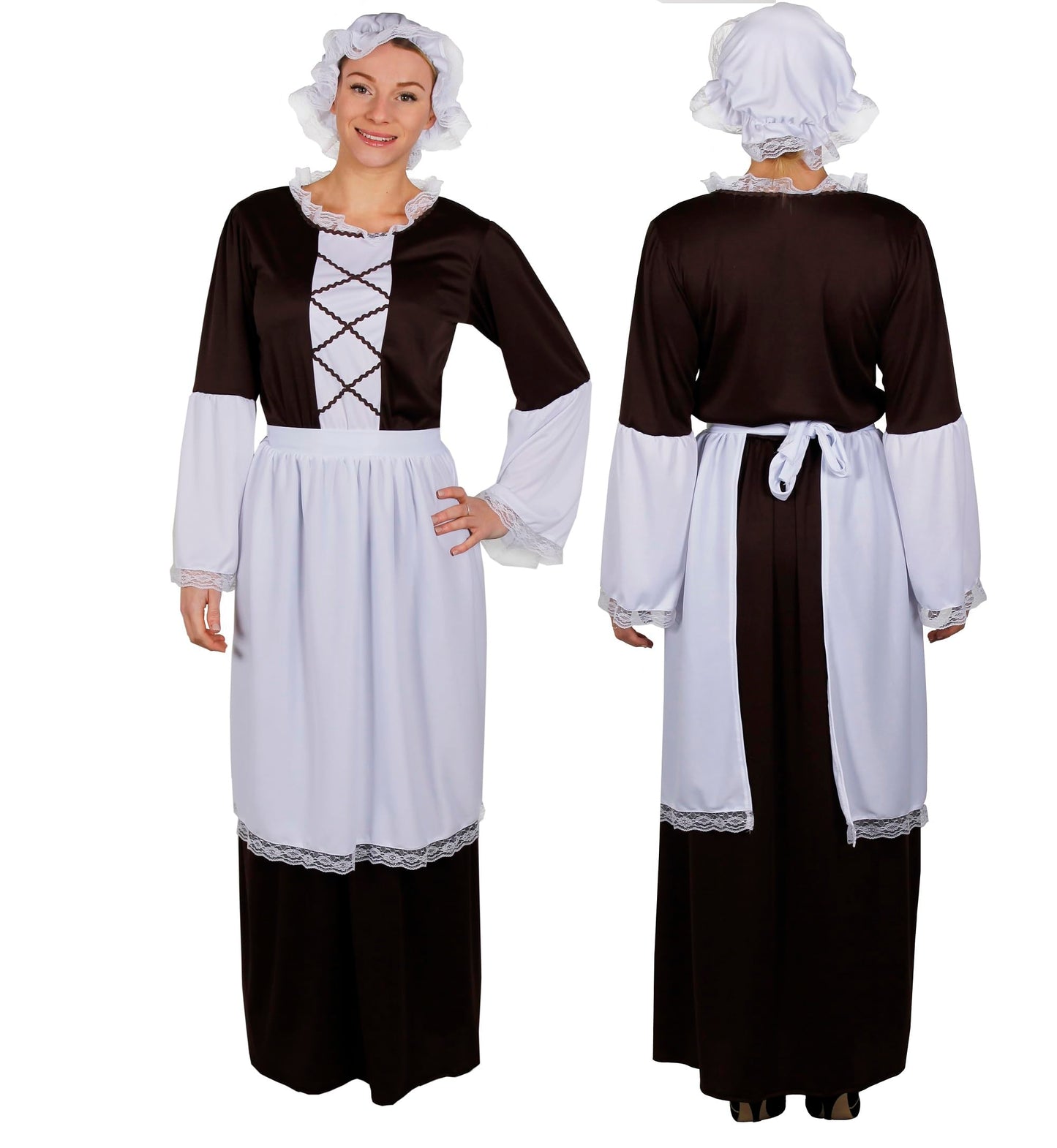 Ladies Tudor Maid Costume - XLarge - Including Brown Long Dress With Detailing on the Sleeve + White Apron + White Mop Cap Perfect for Any Themed Fancy Dress Party