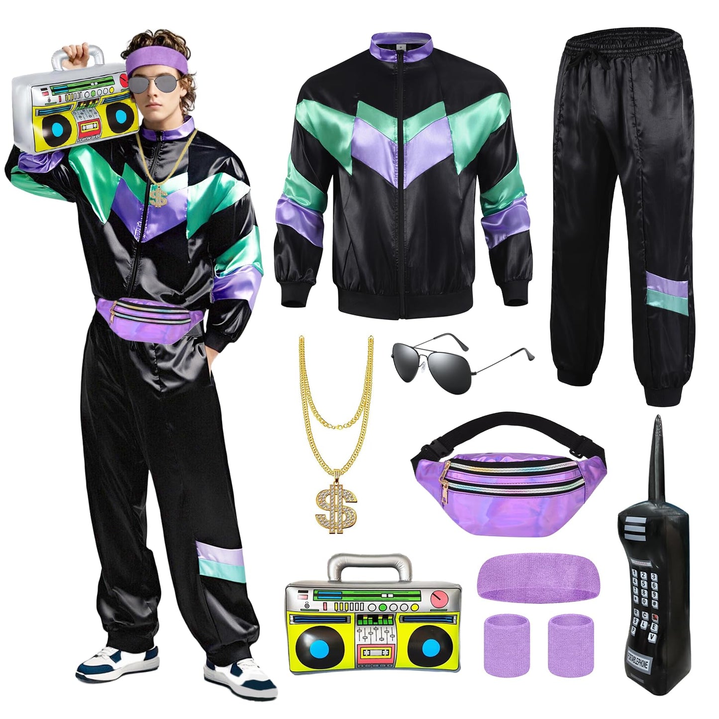 80s 90s Fancy Dress Men with Accessories, Retro 80s 90s Hip Hop Outfit for Adults, 80s Fancy Dress Set with 1 Sportswear Pant Necklace Balloon Radio Glasses Waist Bag Headband, 80s Party Carnival-L