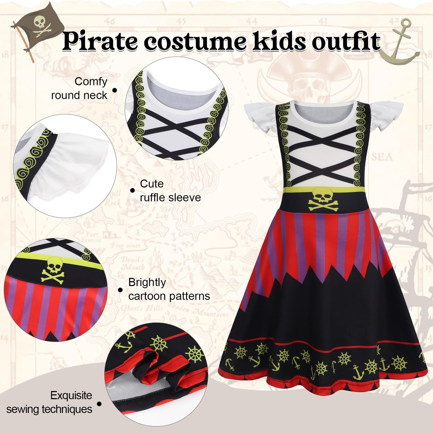 Berich Kids Pirate Fancy Dress Up Halloween Costumes for Girls World Book Day Outfit Therm Party Role Play Dress Up Pirate Accessories Sword Eye Patch Hat Girls Costume 5-6 Years, Size 130, Black