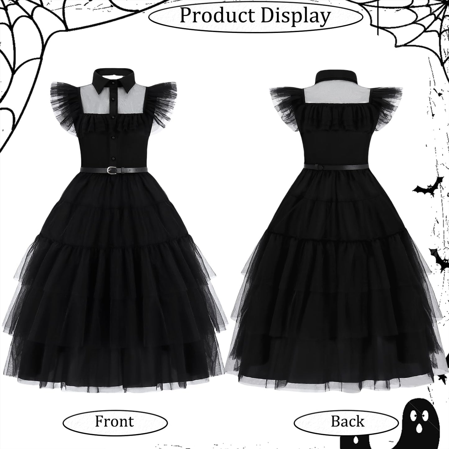 Enenblau Wednesday Addams Costume Women's Ball Gown Black Tulle Dance Dress Gothic Style Halloween Costume Set Including Knee Stockings, Chain, Hair Clip EB003XL