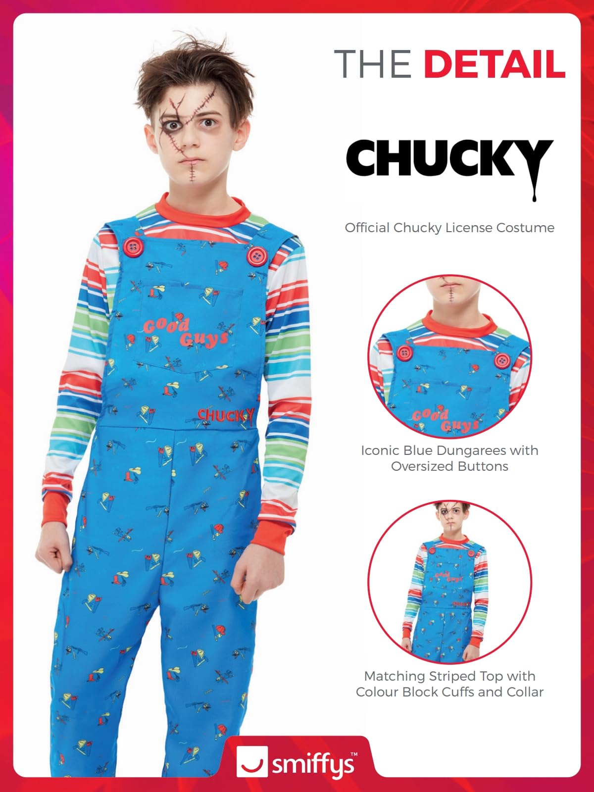 Smiffys Chucky Costume in Blue for Kids, Dress and Top, Officially Licensed, Blue Dungaree Dress and Striped Top with Colour Block Cuffs, Ideal for Halloween and Matching Costumes