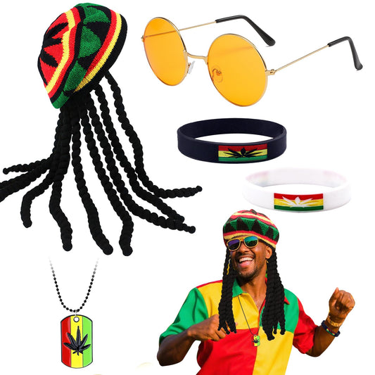 Rasta costume accessories set with hat and black dreadlocks wig