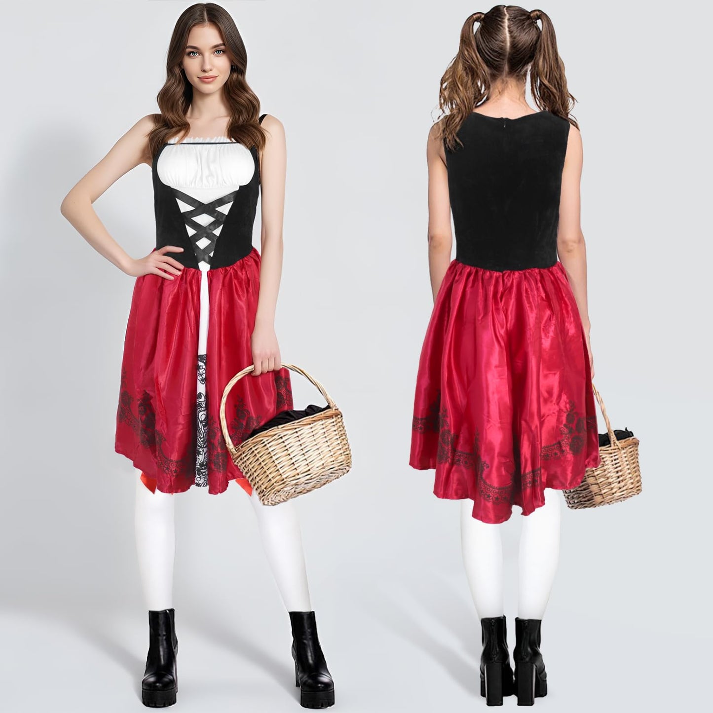 Oerphh 3PCS Adult Red Dress Costume Set for Women Halloween Fancy Dress Costumes with Hooded Cape Cloak Knee Thigh High Socks for Christmas Role Play Outfit (Red, M)