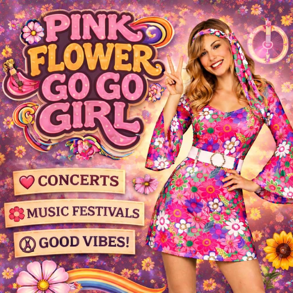 Wicked Costumes Adult Women’s 60s Go-Go Girl Costume – Pink Retro Hippie Fancy Dress for Disco, Austin Powers Theme, Hen Party & Halloween - Medium (UK 14-16)