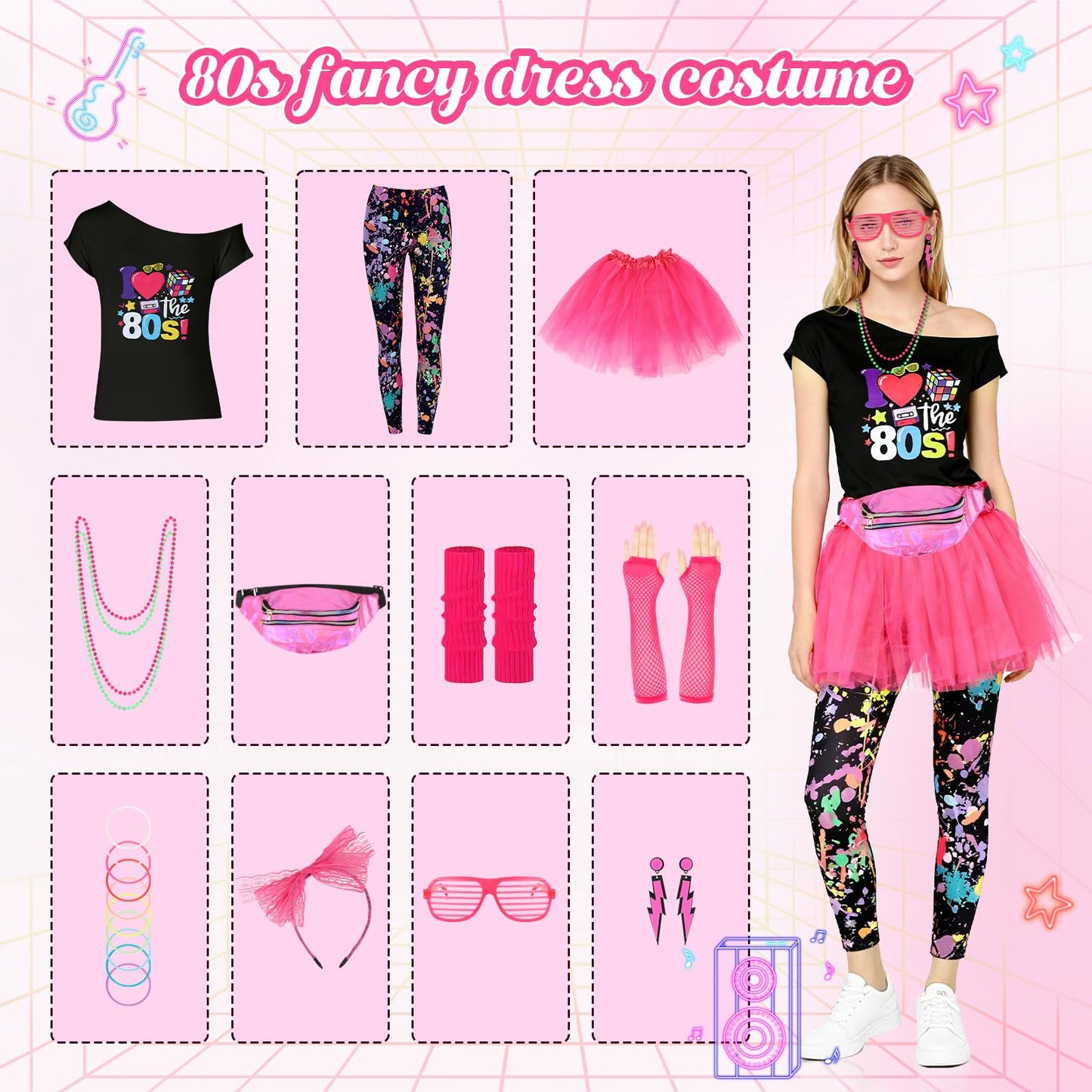 80s Fancy Dress for Women 80s Party Fancy Dress 80s Outfits for Women 1980s Fancy Dress Women Ladies 80s Fancy Dress Womens 80's Costume 80s Outfit 80s Party Costume Set 80s Costumes Accessories, XL