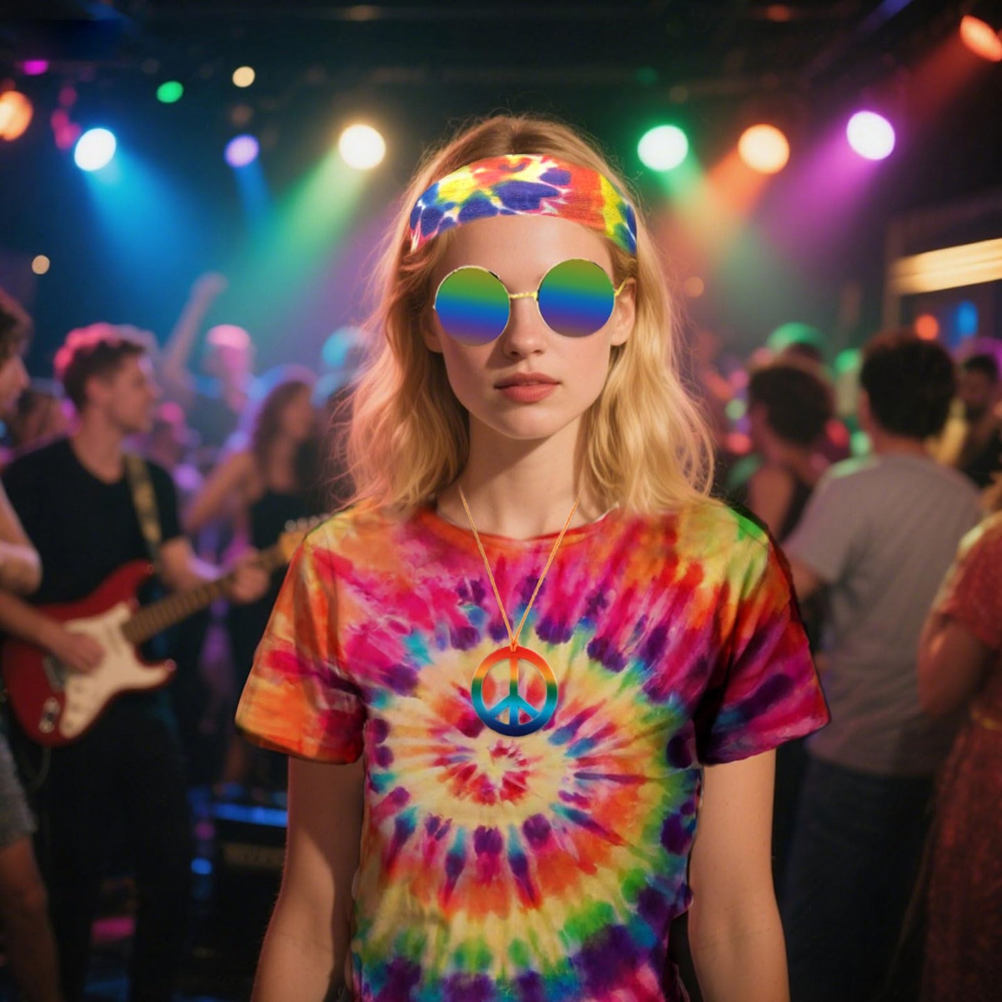 SAIIURV 4 Pcs Hippie Costumes T-Shirt, Sunglasses Peace Necklace Headband, Mens & Womens Pop Hippie 70s Disco, Rock Star Party, 1980s Fancy Dress for Retro Theme Party Cosplay Dress Up(Multicolor)