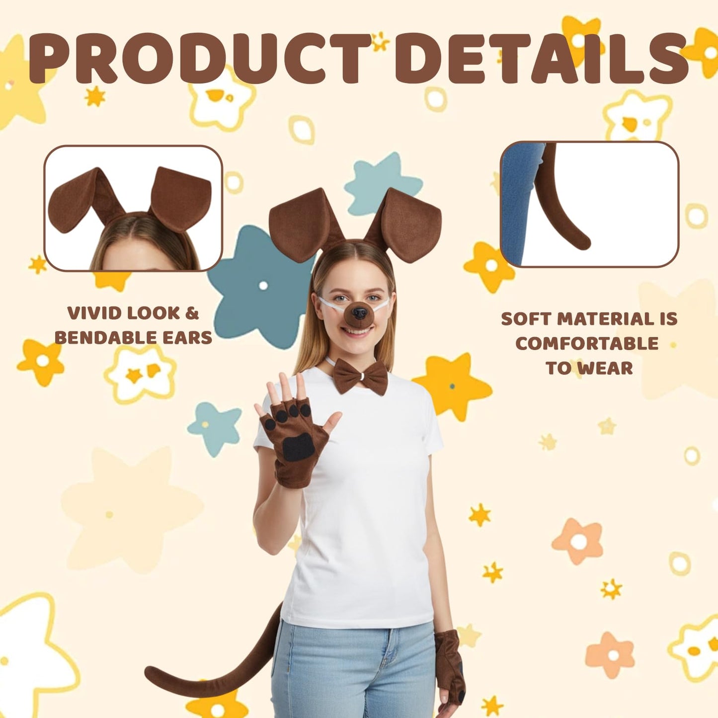 Dog Ears Headband - Five-Piece Dog Costume Set for Adults and Kids