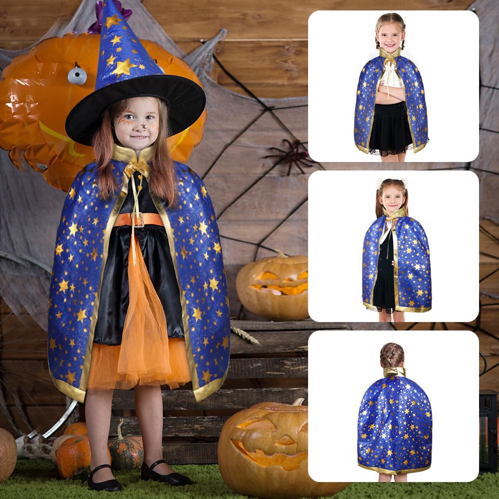 AYBUY Wizard Cape Witch Cloak Kids, Witch Costume Cloak and Hats for Kids, Halloween Costume Props Costume with Golden Stars Pattern for Children, Girls Halloween Party Cosplay Costumes (Blue)
