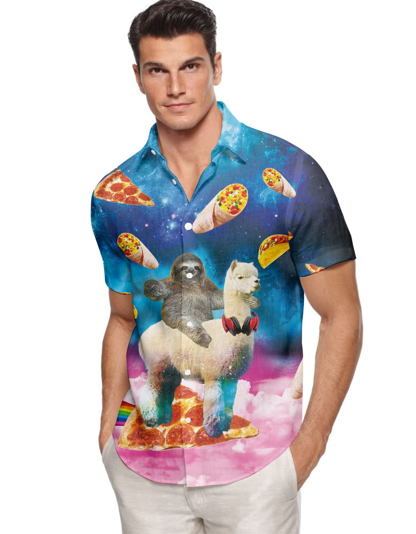 Hawaiian Shirt Funny Pizza Alpaca 3D Mens Shirts Short Sleeve