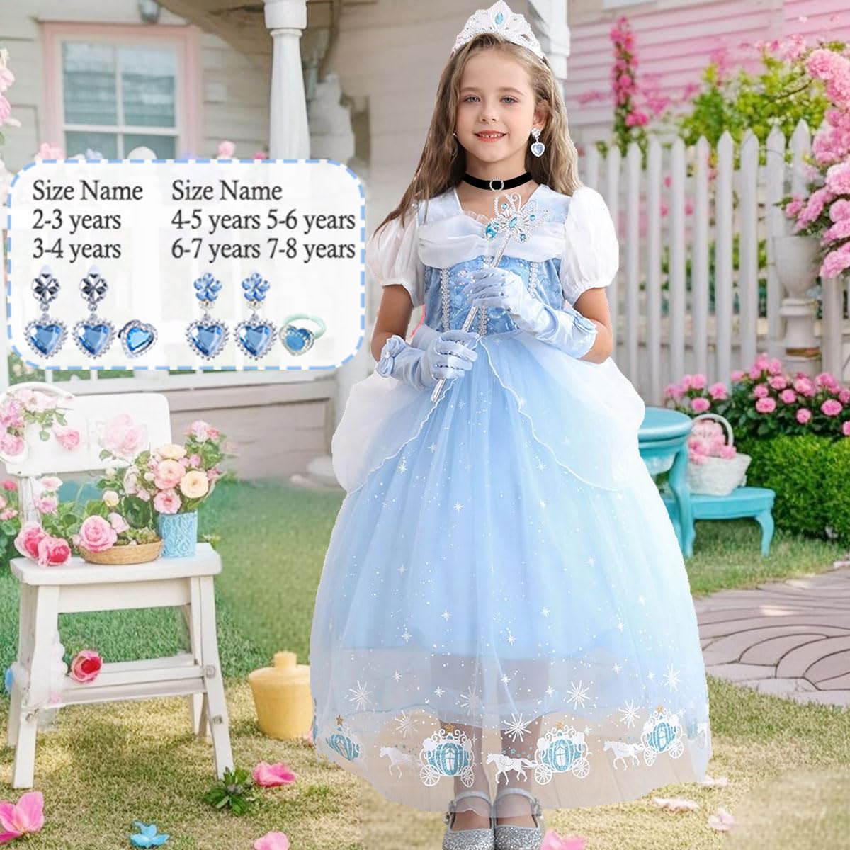 Snyemio Princess Dress for Girls Blue Costume Kids Fancy Dressing Up Tulle for Birthday Party Cosplay Outfits, 2-3 Years(Label 100)