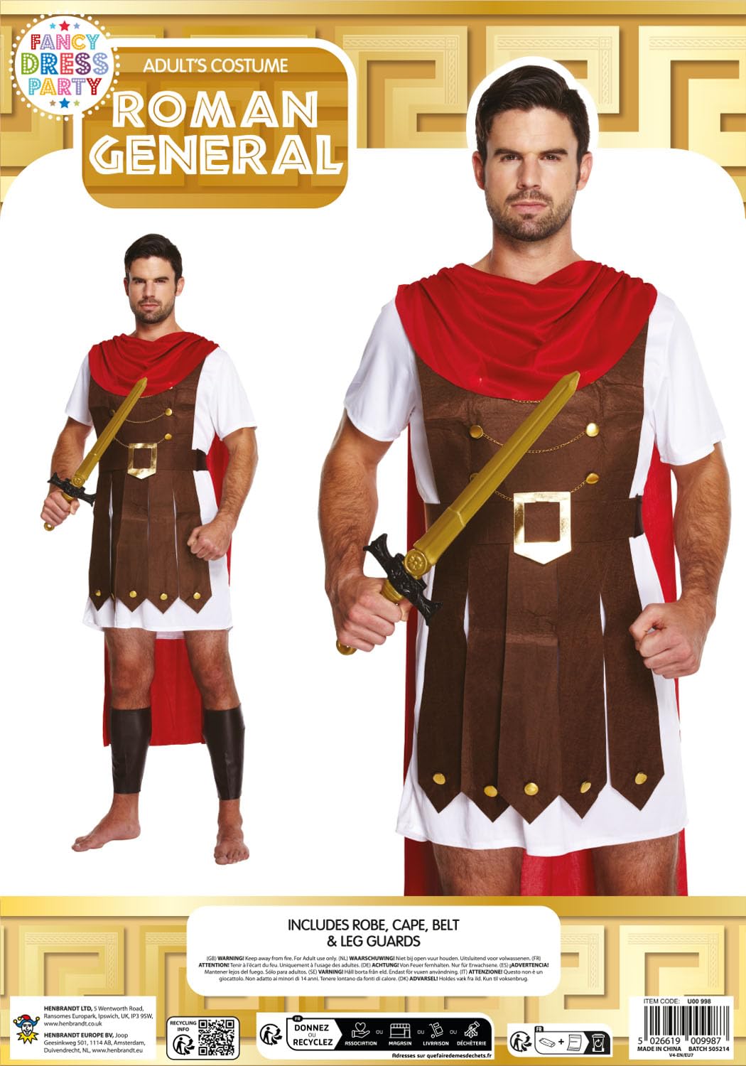 HENBRANDT Adult Men’s Roman General Fancy Dress Costume Spartan Fighter Roman Gladiator Centurion Cosplay Historical Dress Up Outfit One Size Mens Fancy Dress Costume