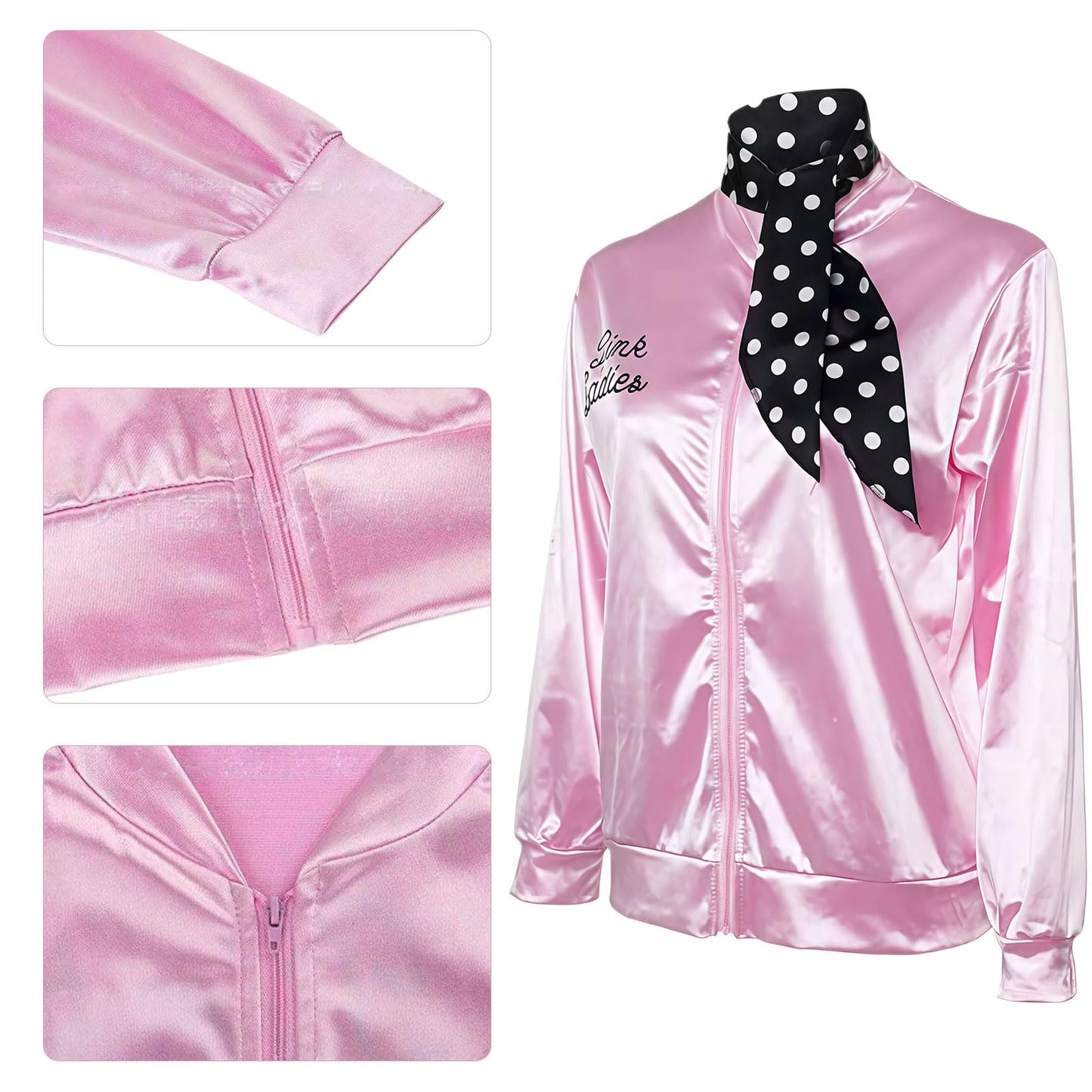 MUNSKT Pink Lady Jacket,Women Fancy Dress Costumes,1950S Costume Outfits,50s Pink Ladies Jacket with Accessories Halloween Cosplay Costume (L)